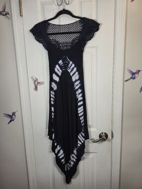 India Boutique Crochet Lace Tie Dye Sharkbite Hem Boho Dress - One Size